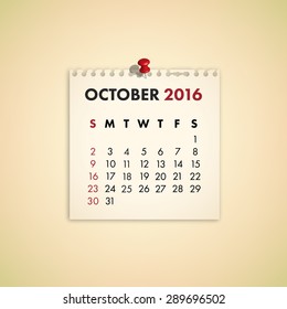 Note Paper Calendar Vector October 2016