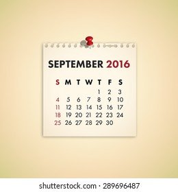 Note Paper Calendar Vector September 2016