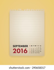 Note Paper Calendar Vector September 2016