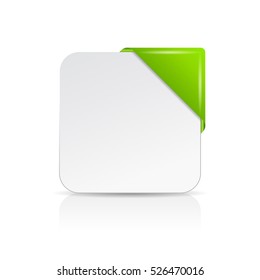Note paper card with green corner ribbon vector illustration isolated on white background. Blank card corner ribbon.