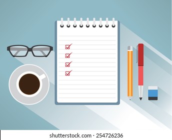 Note Paper Check With A Eyeglasses, Pencils, Pens, Erasers, Coffee, Business Concept, Vector