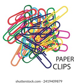 Nota Clips aislados, Paperclips Set, Clips de color, Estacionario colorido, Paperclips Equipo de oficina en fondo blanco con espacio de copia para la vista superior de texto