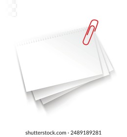 Nota Clips de papel aislados, Juego de clips, Clips de color, Papel de fondo colorido, Papeleras Equipo de oficina sobre fondo blanco con Espacio para texto para la vista superior del texto
