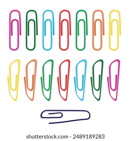 Note Paper Clips Isolated, Paperclips Set, Color Clips, Colorful Stationary, Paperclips Office Equipment on White Background with Copy Space for Text Top View