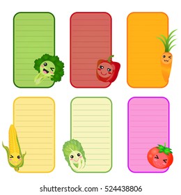 note paper color vegetable design background.broccoli bell pepper carrot corn cabbage tomato smile poster. Vector illustration