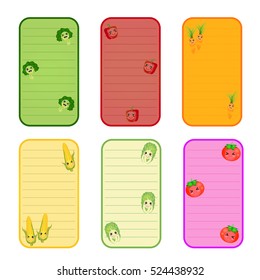 note paper color vegetable design background.broccoli bell pepper carrot corn cabbage tomato smile poster. Vector illustration