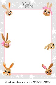 Note paper with cute rabbit heads vector on gray background. For doodle, scribble, note, memo. Bunny character illustration