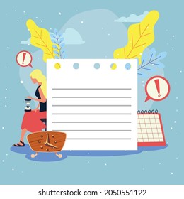 Notizpapier mit Deadline-Symbolen auf blauem Hintergrund
