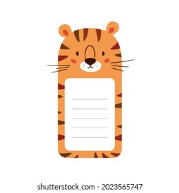 Note paper decorated tiger head. Cute animal sheet template for diary, timetable, memo. Box with space for text. Vector illustrations isolated on white background.