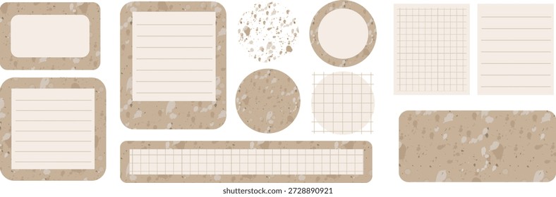 Papel de notas num planejador digital sobre fundo bege texturizado. Campos de texto para planejamento. Adesivos com linhas e xadrez para o organizador.