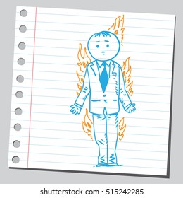 Note paper drawing of businessman burning