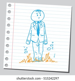 Note paper drawing of businessman stand in fire