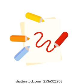 Note paper drawing with color pencil icon. Education, stationery, school learning, back to school concept. Flat vector isolated design illustration. 