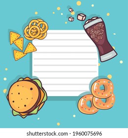 Note paper with hamburger donuts and soda