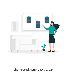 note paper illustration concept. women add some note paper on the board. website, banner, landing page
