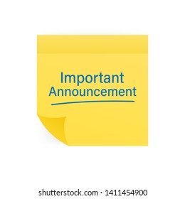 Note paper with Important Announcement message. Vector stock illustration.