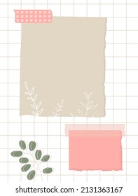 Notieren Sie Papier und Blätter der Pflanze auf dem karierten Hintergrund. Ein Blatt aus grauem Papier mit rosafarbenem Klebeband. Vektorgrafik, flacher Stil.