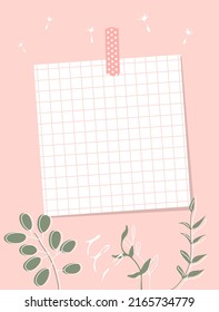 Note paper and leaves of plant on the pink background. A sheet of white paper taped with pink duct tape. Vector illustration, flat style.