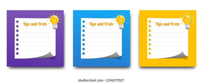 Note paper with lightbulb ornament. Quotes, idea, information, tips and trick square banner template with colorful background. Usable for card, social media post, and web ads.