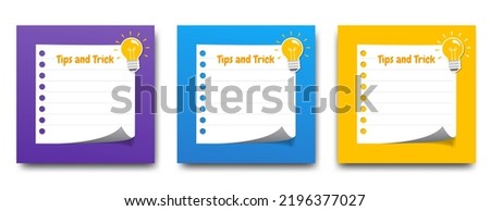 Note paper with lightbulb ornament. Quotes, idea, information, tips and trick square banner template with colorful background. Usable for card, social media post, and web ads.