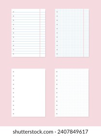 Note paper lined and blank sheet vector set. Grid page notebook with margin. 