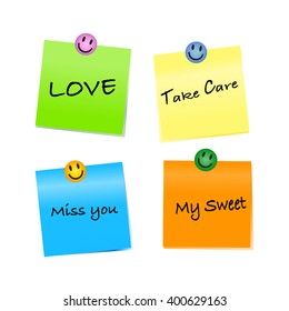 note paper with love take care miss you and my sweet word on white background with smiley face. smile poster. Vector illustration