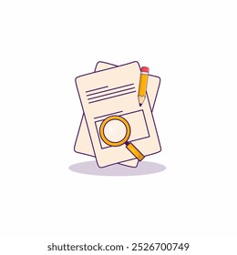 Note paper with magnifying glasses icon illustration. Education icon concept white isolated. 