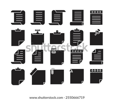 note paper, memo and document icons set