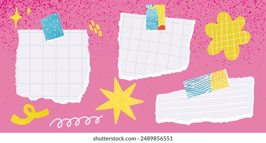 Note paper memo, torn pieces and hand drawn doodle drawings, funky stickers for creative banner design and collage