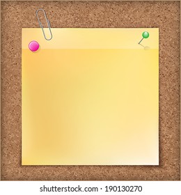 Note paper with metal paper clip, green and pink push pins on cardboard background.    Vector illustration.