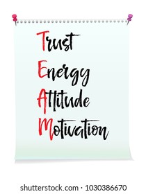 Note paper with motivation text TEAM TRUST ENERGY ATTITUDE MOTIVATION message, business concept isolated on white background, handwritten brush pen lettering. Vector illustration stock vector.