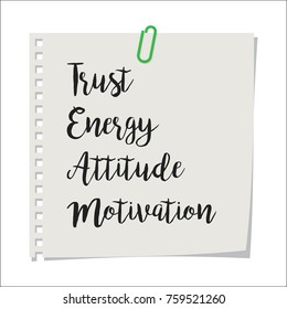 Note paper with motivation text trust energy attitude motivation TEAM, isolated on white background, vector illustration