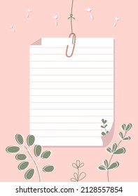 Note paper and nature leaves on a pink background. A ruled paper sheet connected with a paperclip hang on a thread. Vector illustration, flat style.