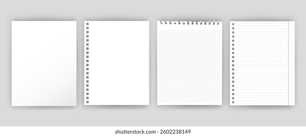Note paper. Notebook blank white sheets of square and lined paper with perforation and realistic soft shadow effect. Copybook A4 mockups. Vector isolated templates set.