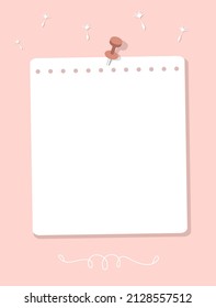 Note paper on a pink background. A sheet of notebook paper pinned to the wall. Vector illustration, flat style.