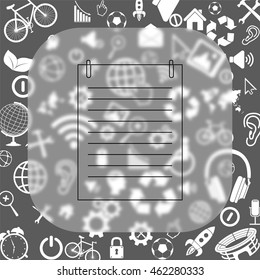 Note paper with paperclip vector icon - matte glass button on background consisting  of different icons