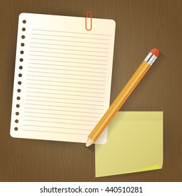 Note paper with pencil and sticker on wood background. Vector Illustration