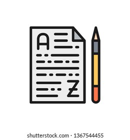 Note paper and pencil, translation, conversation flat color line icon.
