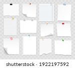 Note paper with pin, binder clip, push pin, adhesive tape and tack. Blank sheet, sticky note, torn piece of paper and notebook page. Templates for a note message. Vector illustration.