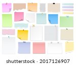 Note paper with pin, binder clip, push pin, adhesive tape and tack. Blank sheet, sticky note, torn piece of paper and notebook page. Templates for a note message. Vector illustration.