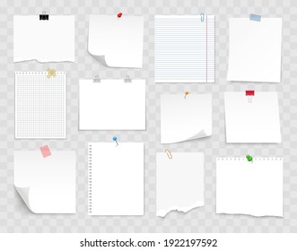 Note paper with pin, binder clip, push pin, adhesive tape and tack. Blank sheet, sticky note, torn piece of paper and notebook page. Templates for a note message. Vector illustration.