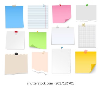 Note paper with pin, binder clip, push pin, adhesive tape and tack. Blank sheet, sticky note, torn piece of paper and notebook page. Templates for a note message. Vector illustration.