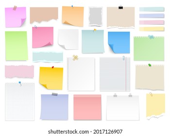 Note paper with pin, binder clip, push pin, adhesive tape and tack. Blank sheet, sticky note, torn piece of paper and notebook page. Templates for a note message. Vector illustration.