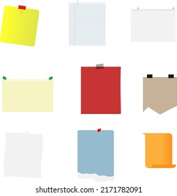 Note paper with pin, binder clip, push pin, adhesive tape and tack