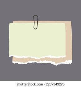Note paper with pin, binder clip. Blank sheet, torn piece of paper and notebook page. Templates for a note message.