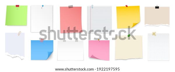 Note\
paper with pin, binder clip, push pin, adhesive tape and tack.\
Blank sheet, sticky note, torn piece of paper and notebook page.\
Templates for a note message. Vector\
illustration.