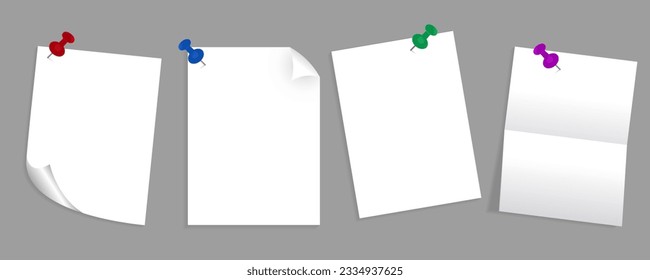 Note paper with pin. Blank sheet, sticky note, torn piece of paper and notebook page