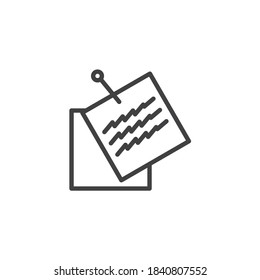 Note Paper with pin line icon. linear style sign for mobile concept and web design. Sticky note paper reminder outline vector icon. Symbol, logo illustration. Vector graphics