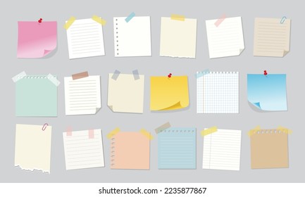 Note paper with pin, push pin, adhesive tape and tack. Blank sheet, sticky note, torn piece of paper and notebook page vector illustration. Templates for a note message