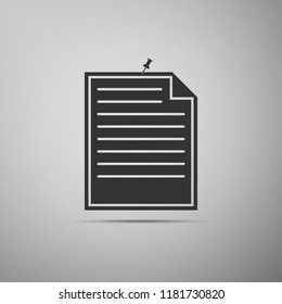 Note paper with pinned pushbutton icon isolated on grey background. Memo paper sign. Flat design. Vector Illustration